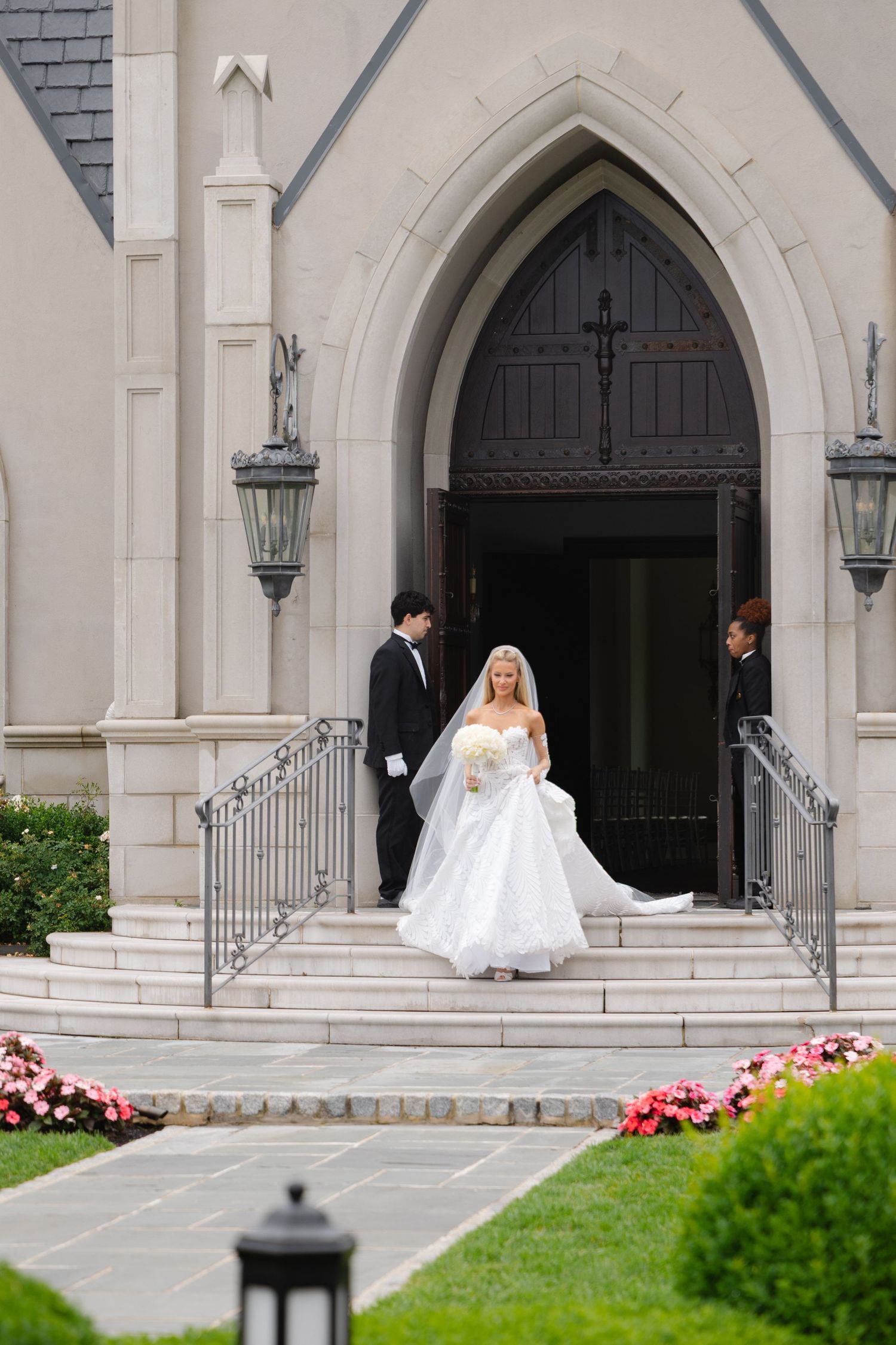 A sequence of wedding photos showing a bride in a white gown ascending church steps with stone archways and landscaping.