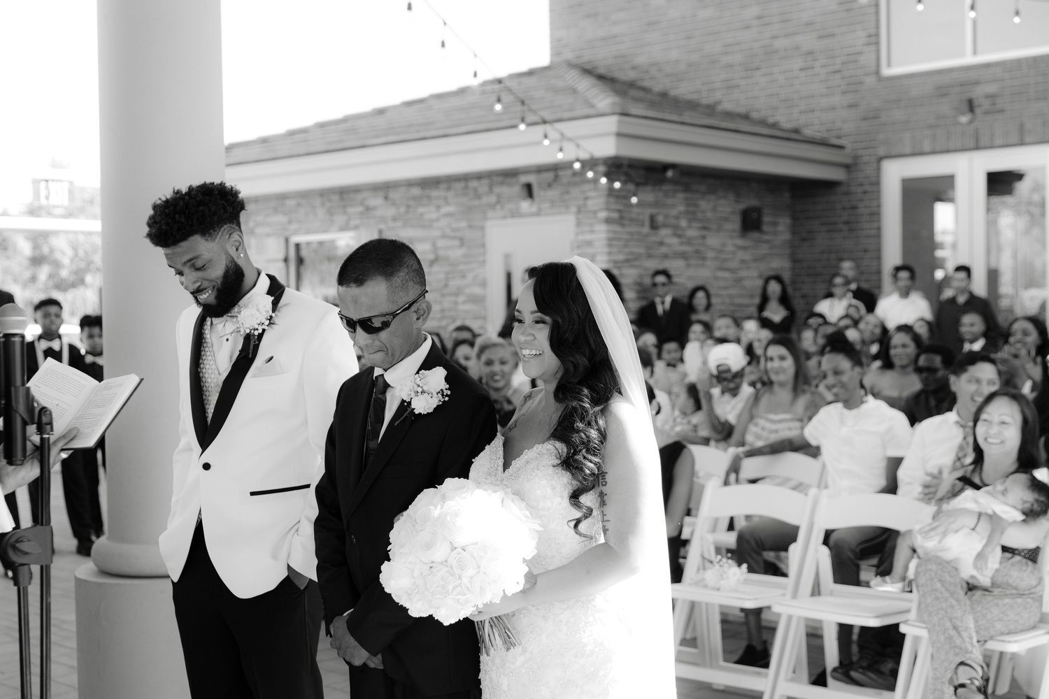 A collage of black and white wedding photographs showing various moments from a traditional ceremony and reception.