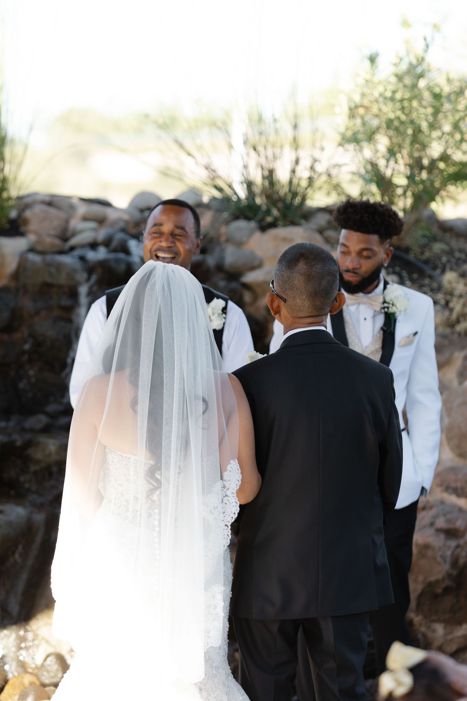 A series of wedding photos showing a bride in white veil and groom in black tuxedo during an outdoor ceremony.
