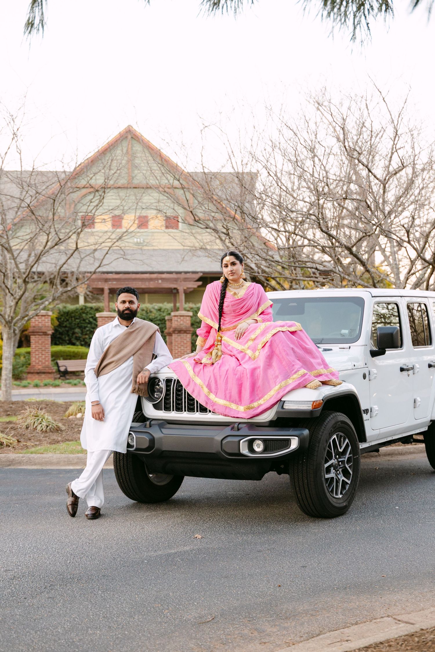 A sequence of photos showing a flowing pink dress billowing behind a white Jeep on a suburban street.