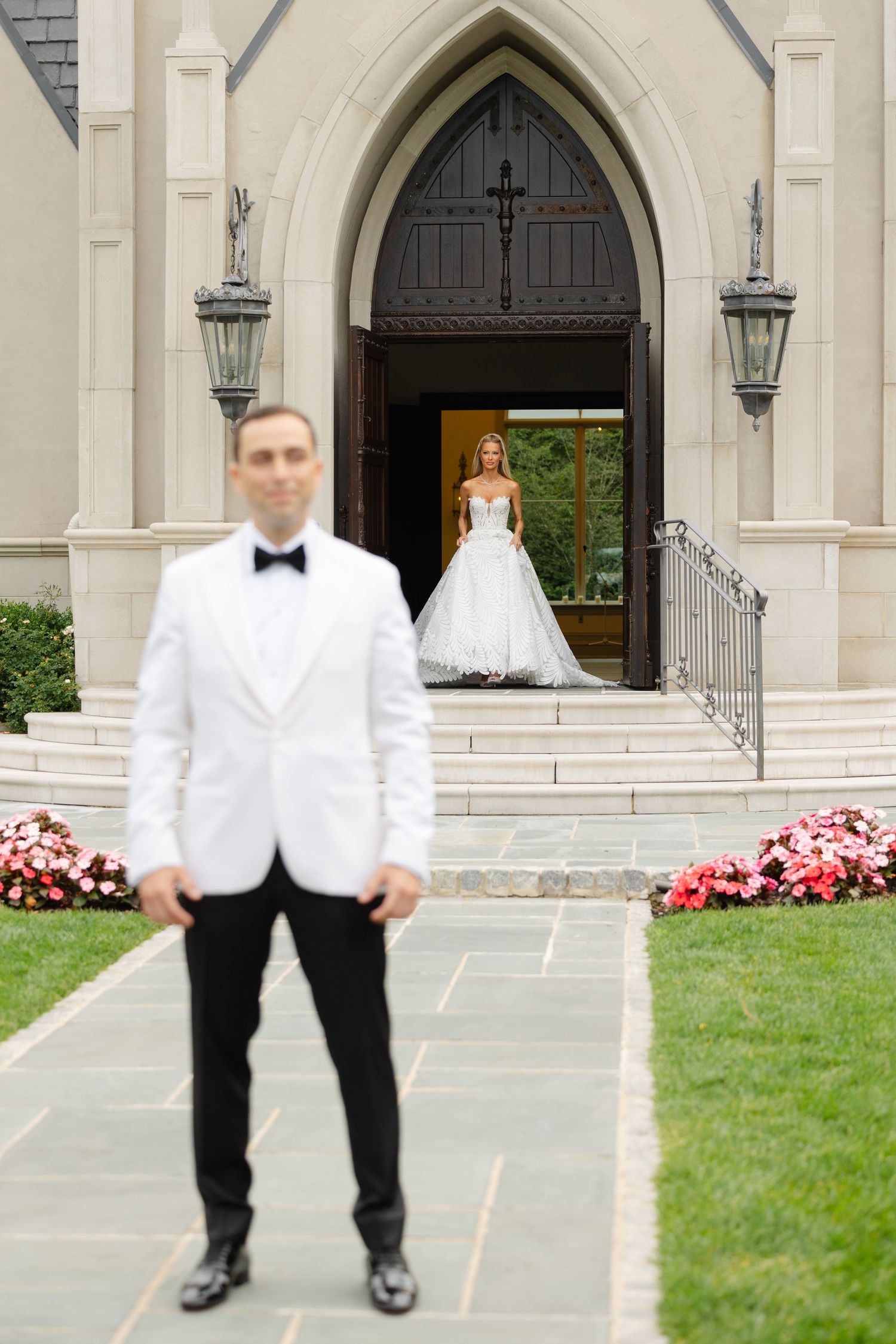A series of formal wedding photos showing people in black and white attire standing in front of a church entrance.