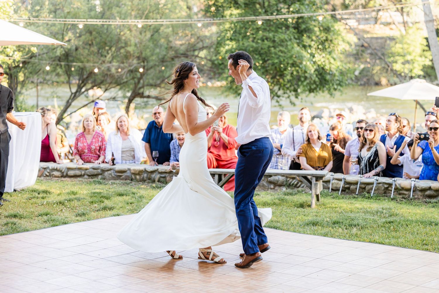 A panoramic collage of outdoor wedding moments showing couples and guests celebrating in a sunny garden setting.
