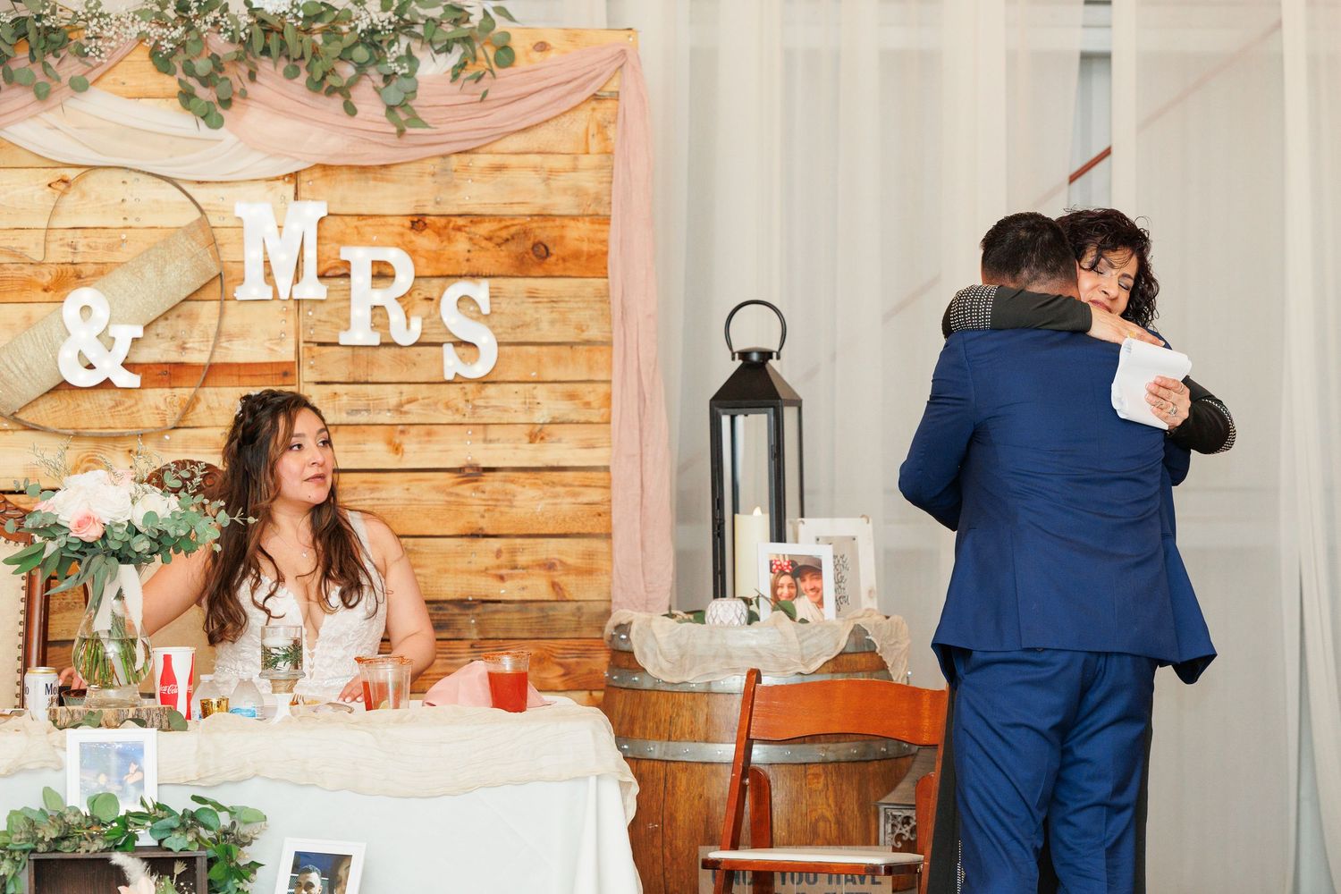 A collage of wedding reception photos showing rustic wooden decor, string lights, and guests dancing at a celebration.