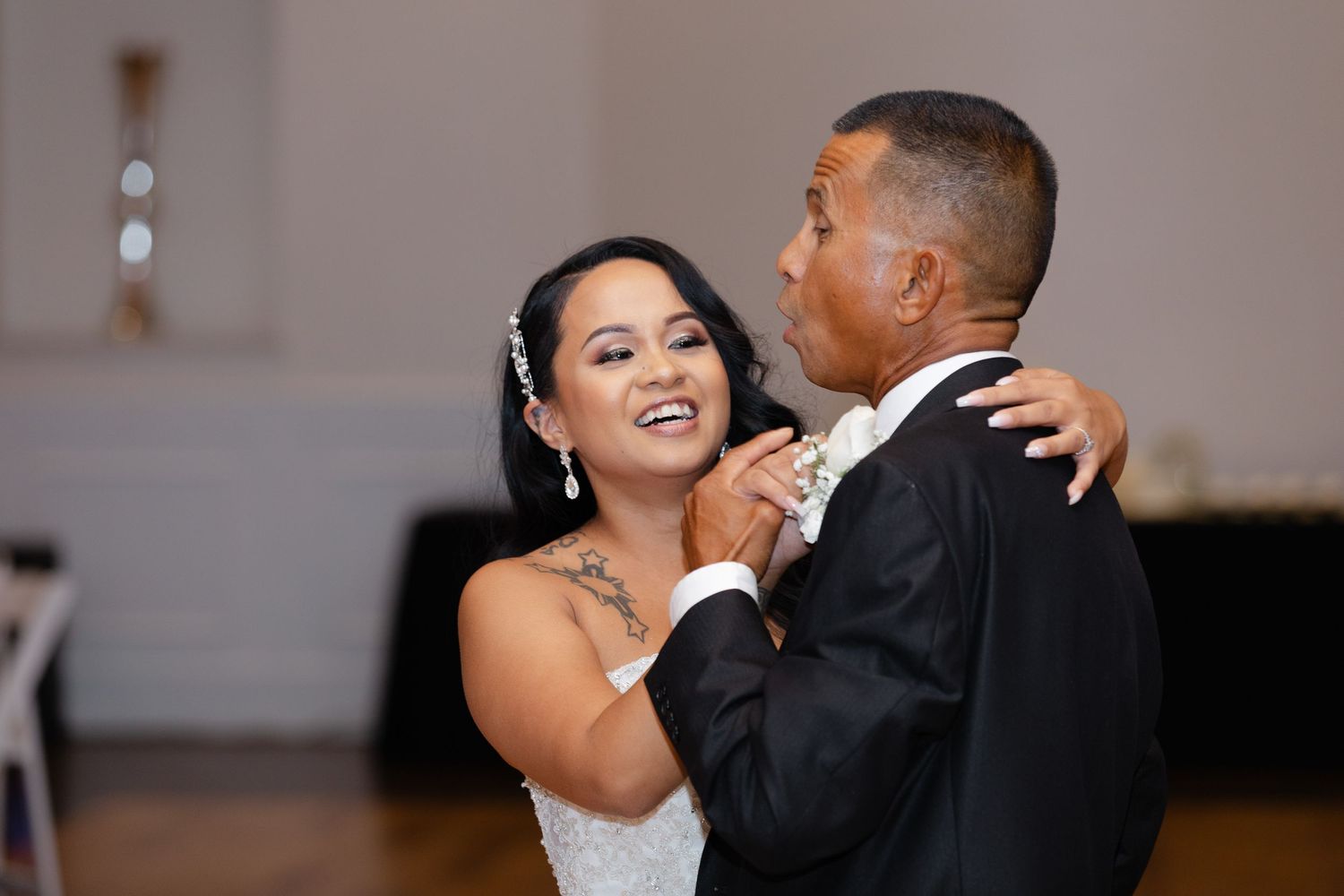 A series of candid wedding photos showing joyful moments between the bride and groom during their celebration.