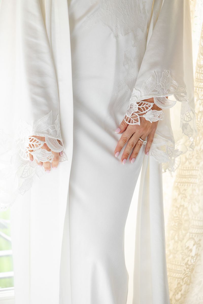 Close-up view of delicate white lace details on the sleeves of an elegant wedding dress.