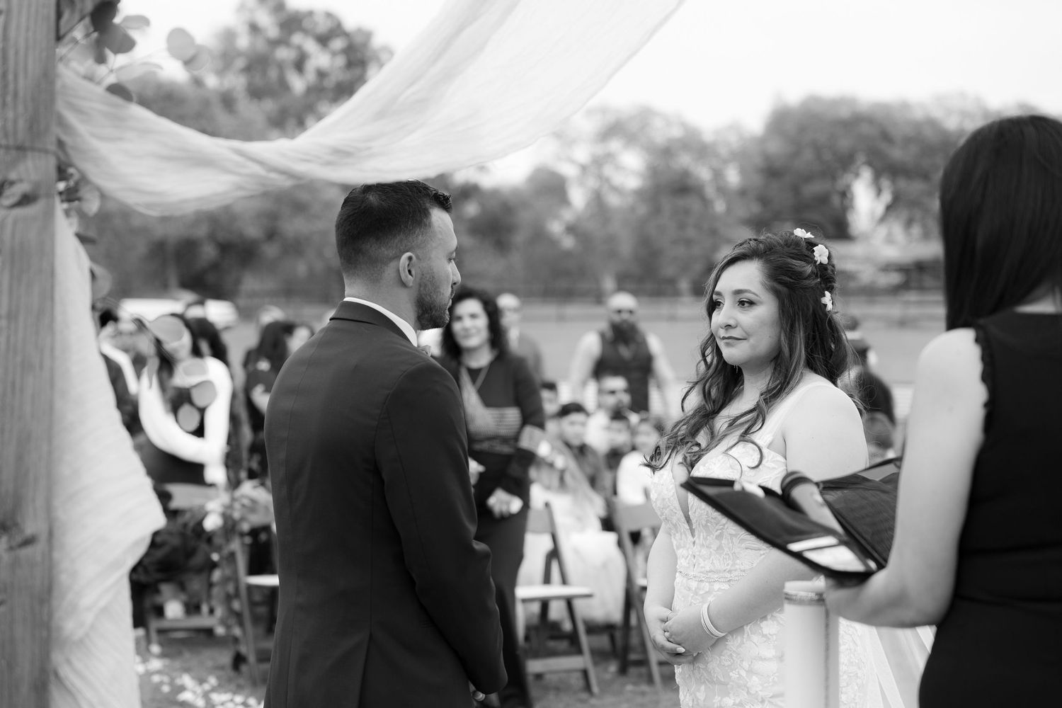 Guests dance and celebrate during an outdoor wedding reception on a sunny afternoon.