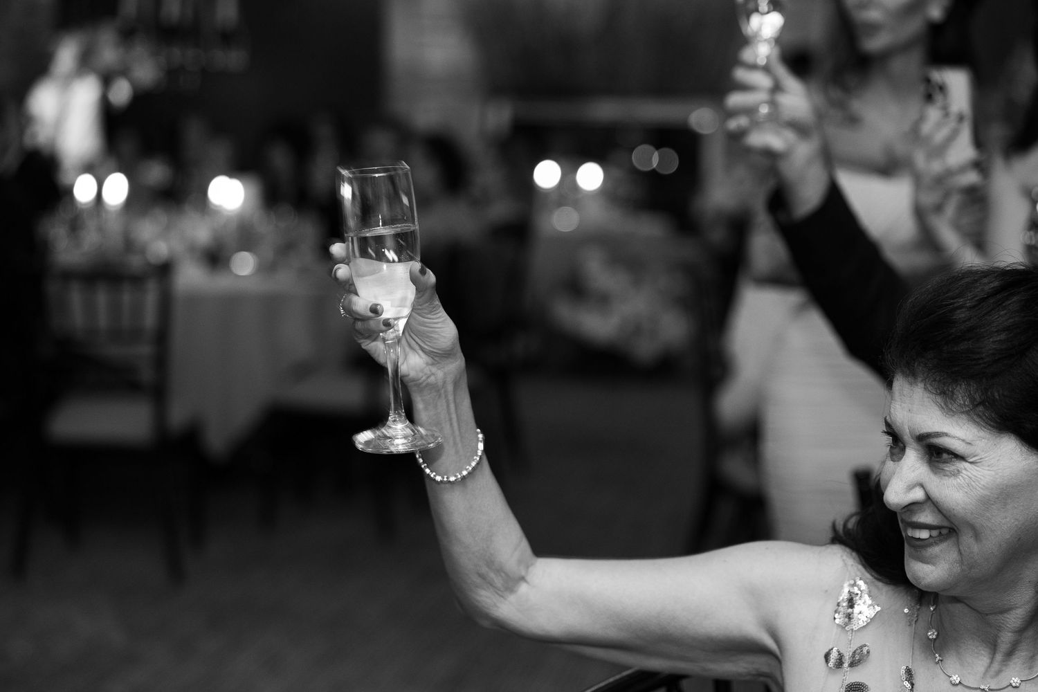 People raise glasses in celebration during what appears to be a wedding reception or party event.