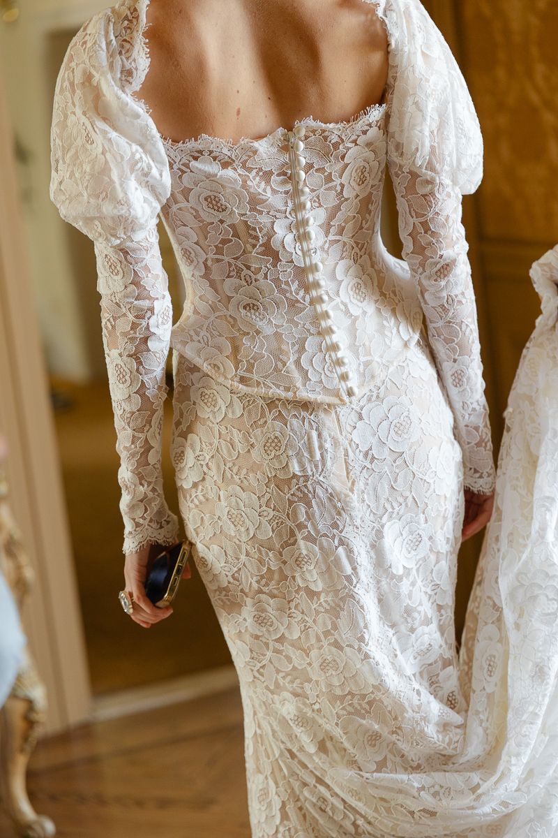 Close-up details of a white lace wedding dress with intricate floral patterns and long sleeves shown from different angles.