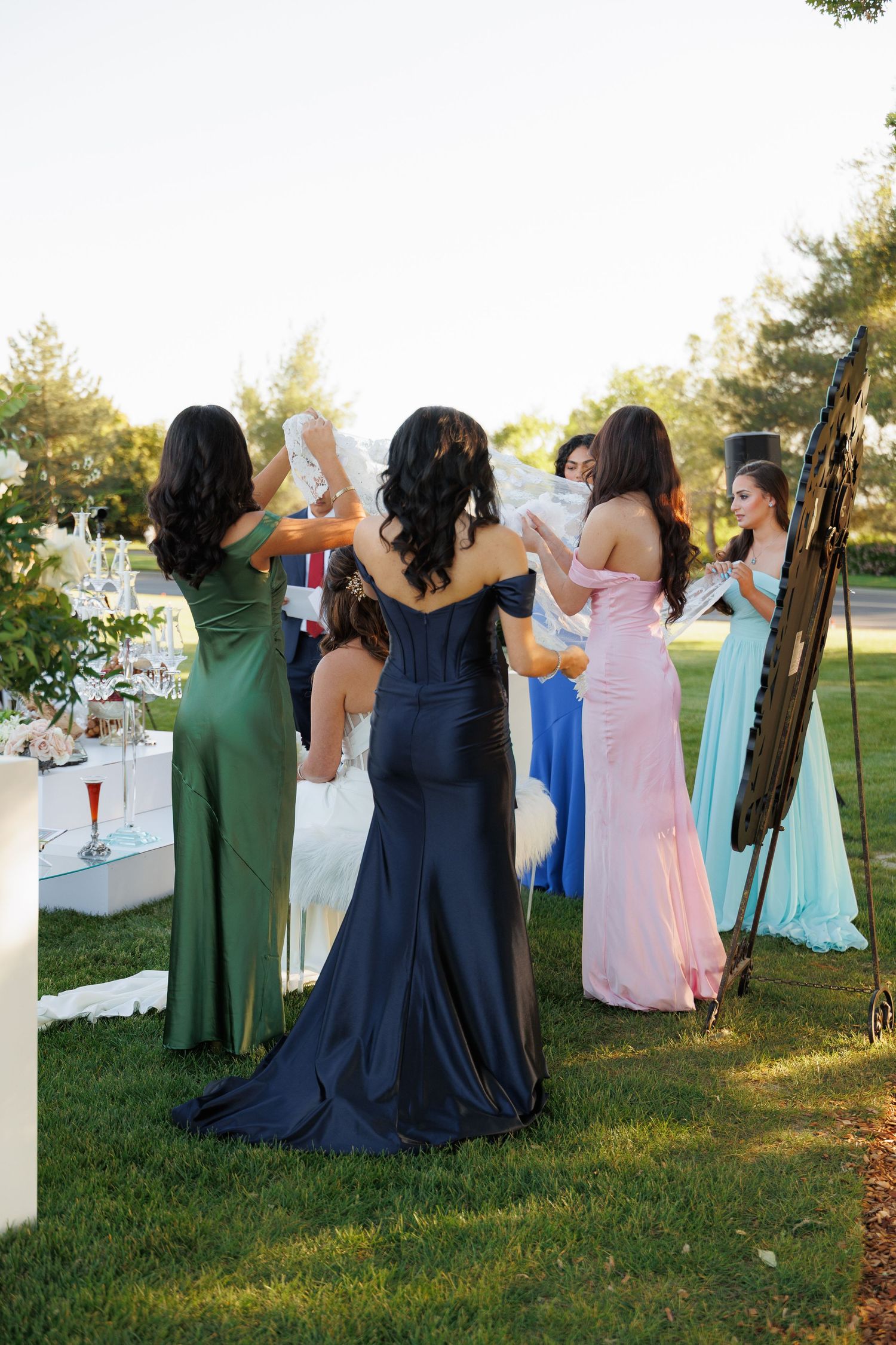 A group in formal dresses poses with their backs turned to the camera on a grassy lawn at an outdoor event.