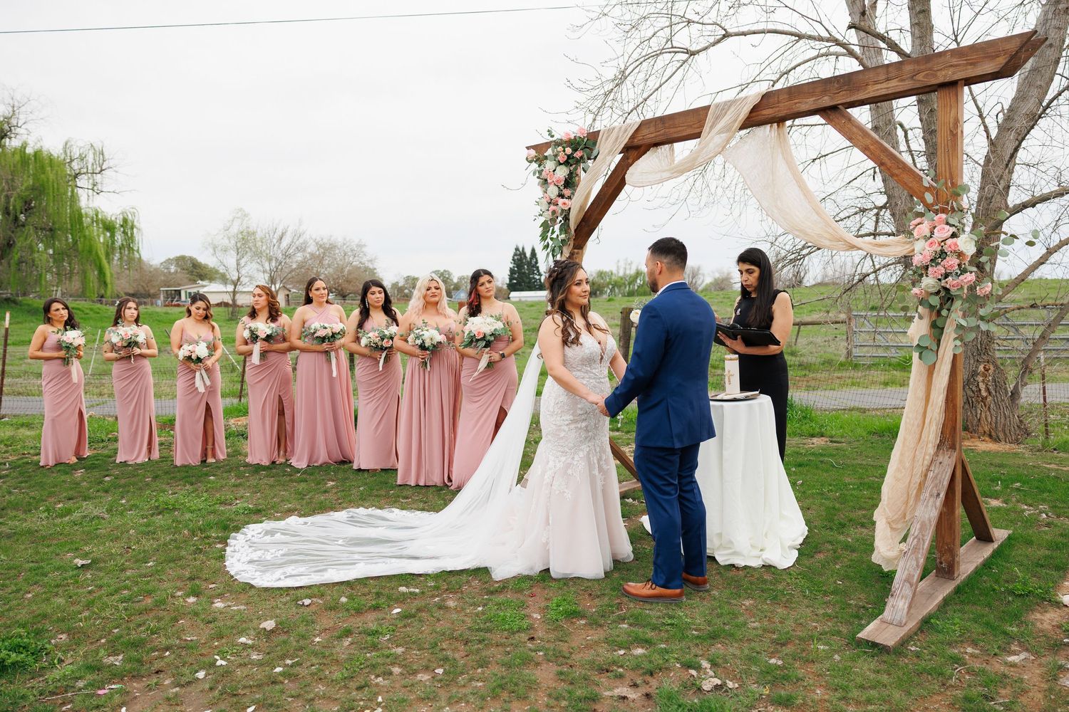 Wedding party in pink dresses poses outdoors with long flowing dresses caught in the wind on a spring day.