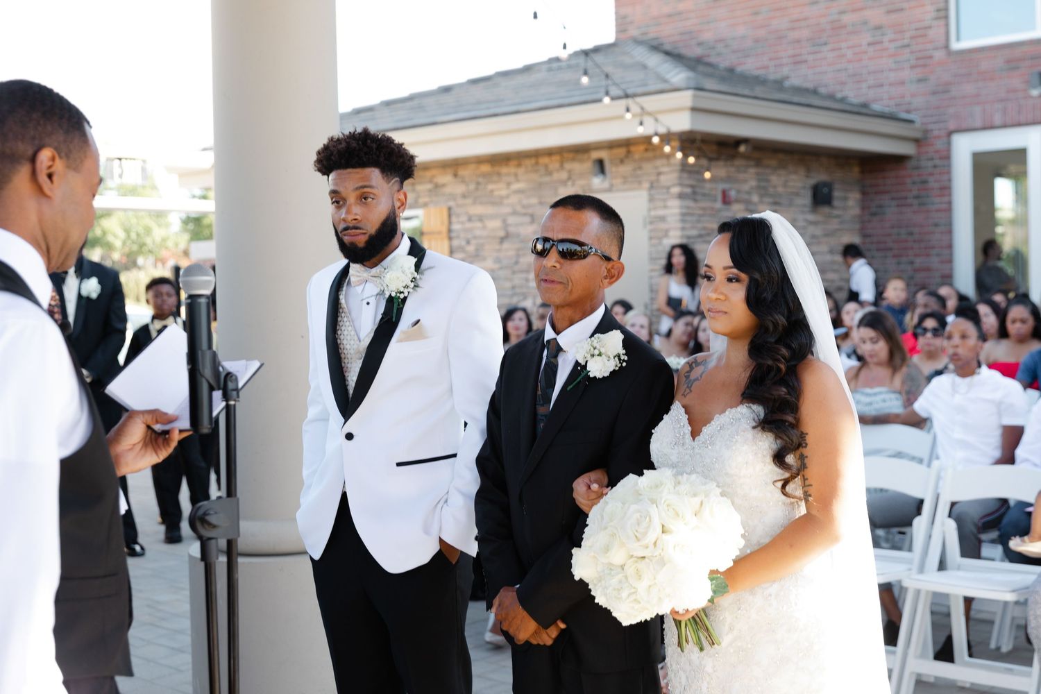 A wedding celebration collage showing multiple moments of a couple and guests during an outdoor ceremony and reception.