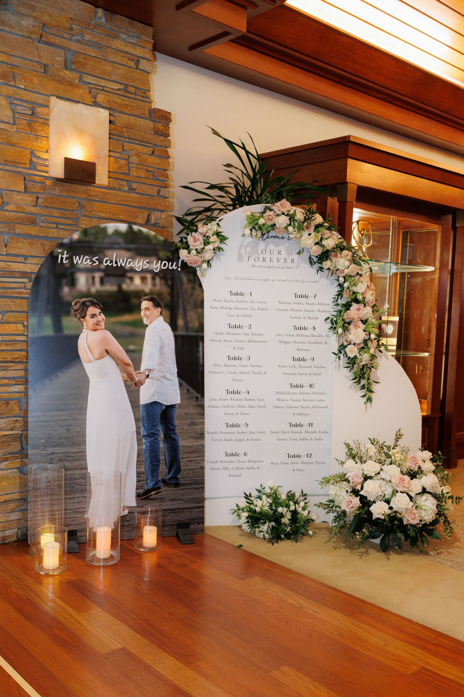 Wedding seating chart display with floral arch decorations and candles in an elegant indoor venue.