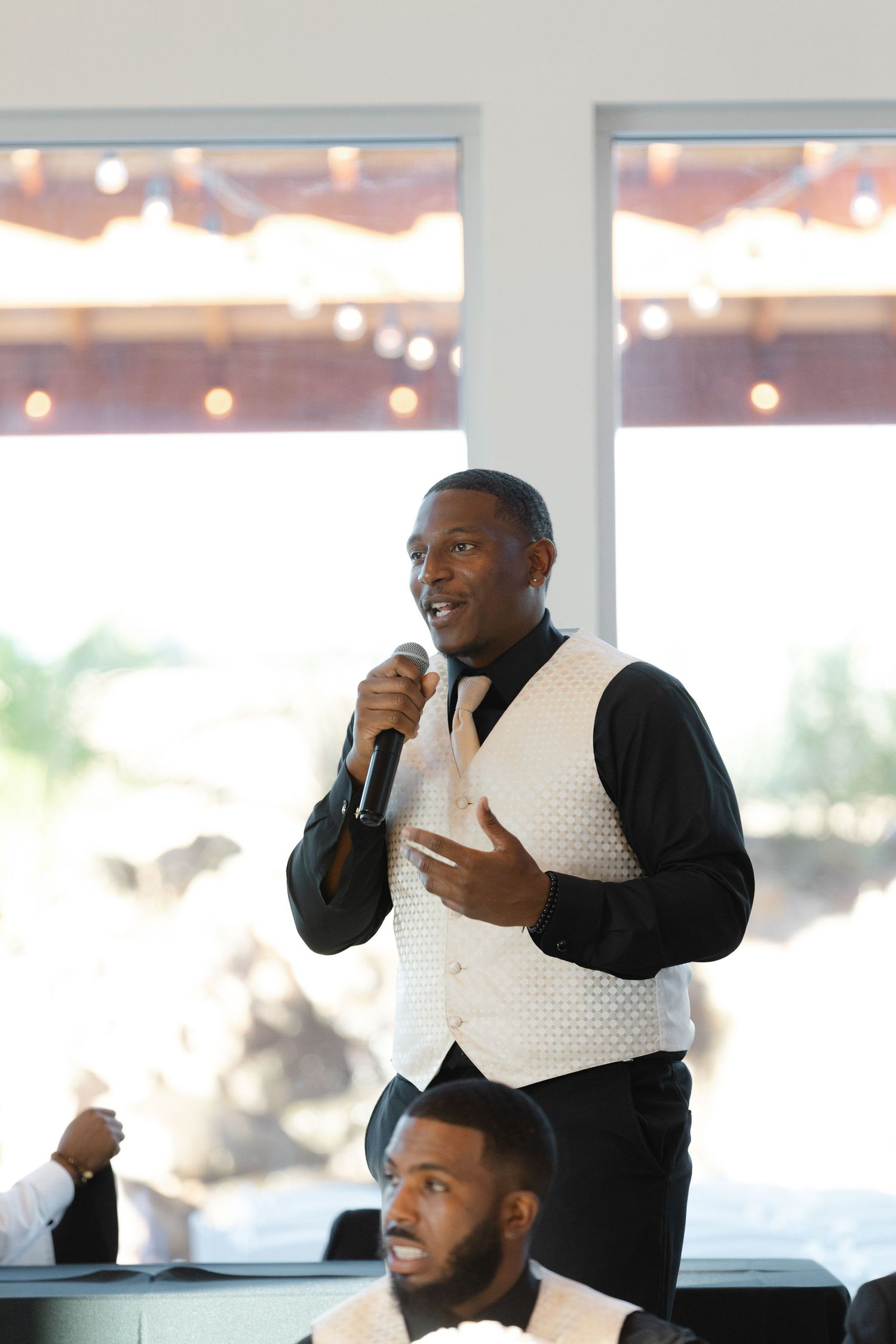 Sequence of emotional moments at a wedding reception showing expressions of joy and laughter.
