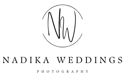 A black and white logo for Nadika Weddings photography features elegant text and minimalist design elements.