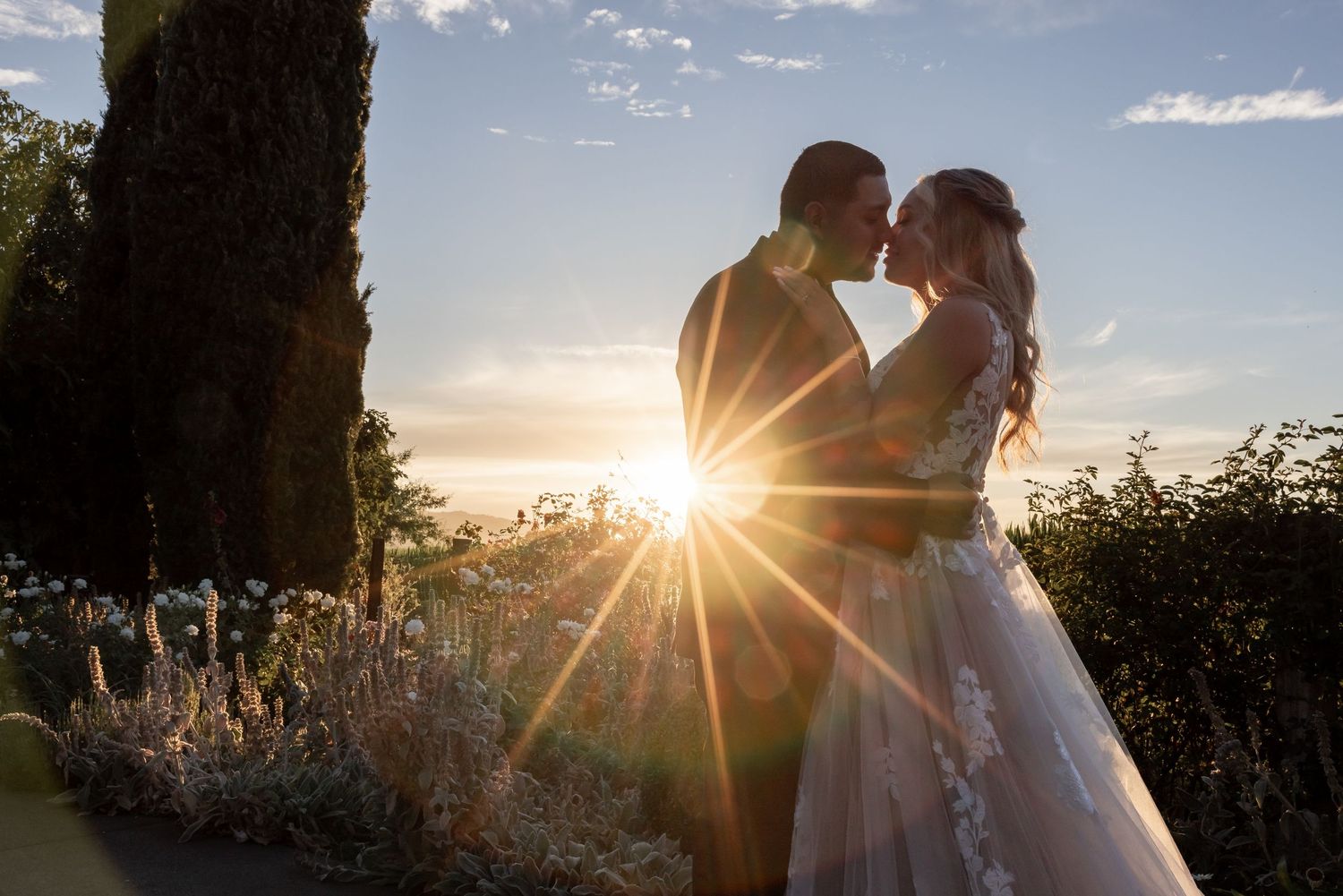 Sunset wedding photography sequence showing silhouettes of a couple against golden sunlight.