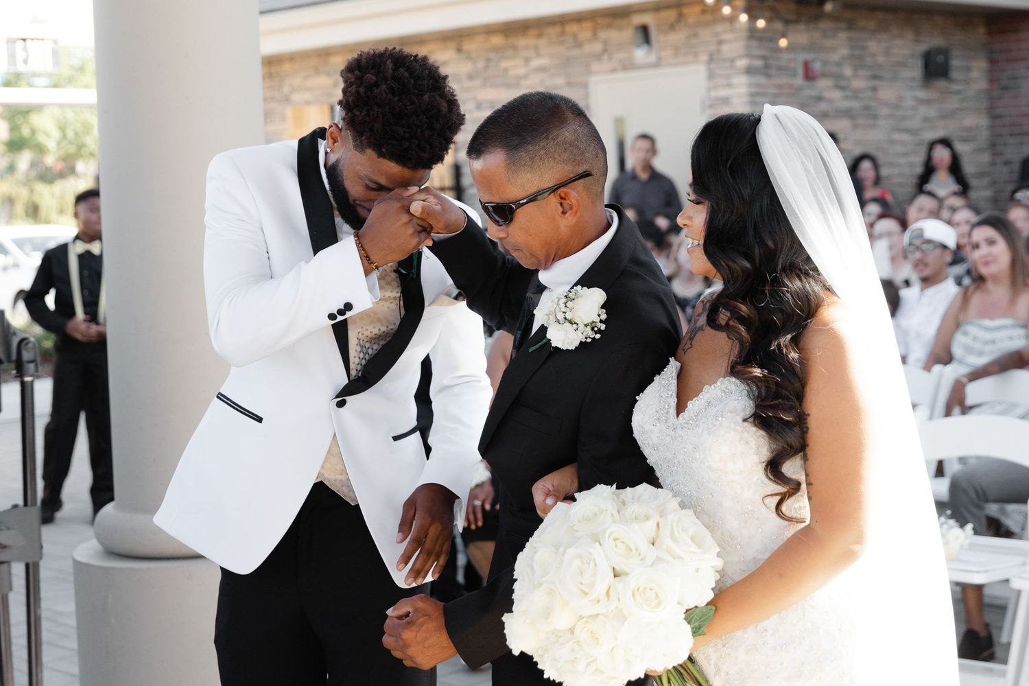 A collection of wedding photos showing intimate moments between newlyweds during their celebration ceremony.