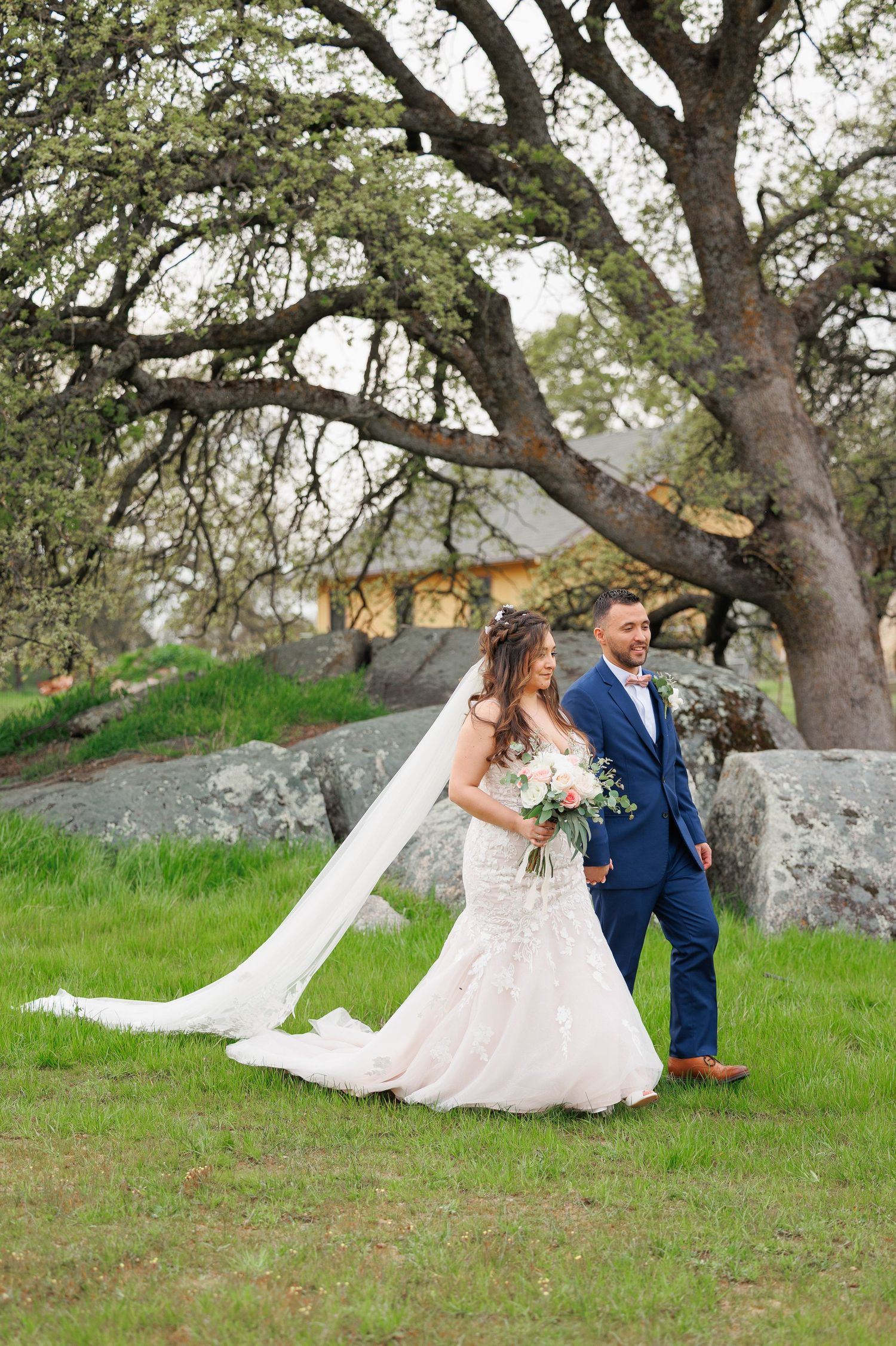 A couple in wedding attire poses together on a grassy hillside beneath sprawling oak trees on their special day.
