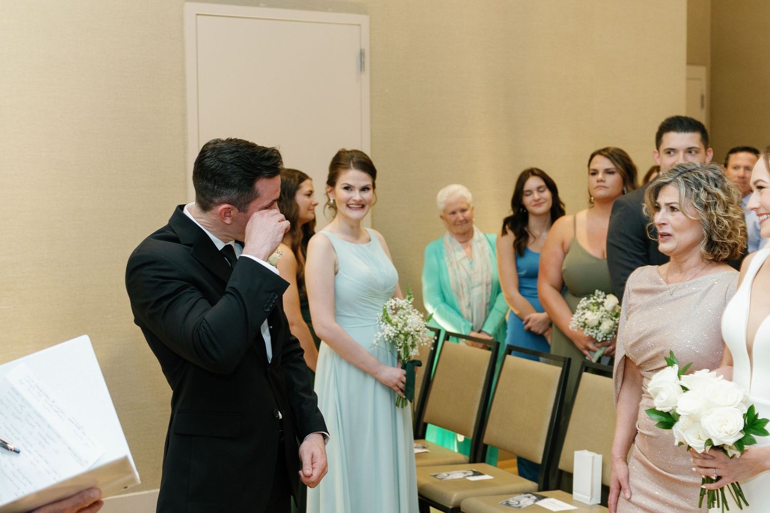 A wedding photo collage showing bridesmaids in light blue dresses and floral bouquets during various moments of celebration.