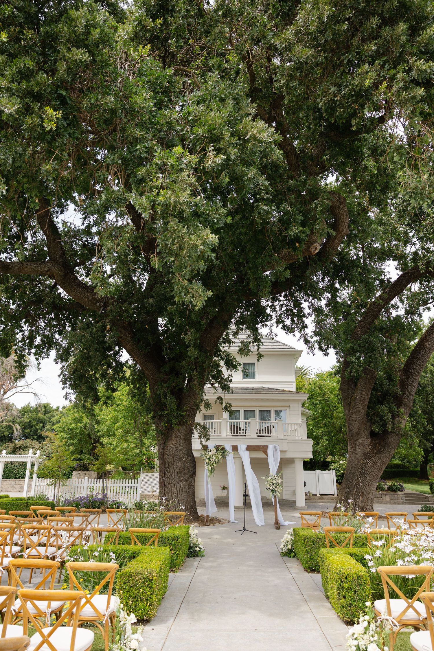 Outdoor wedding ceremony setup with wooden chairs and white gazebo under majestic oak trees in a garden setting.