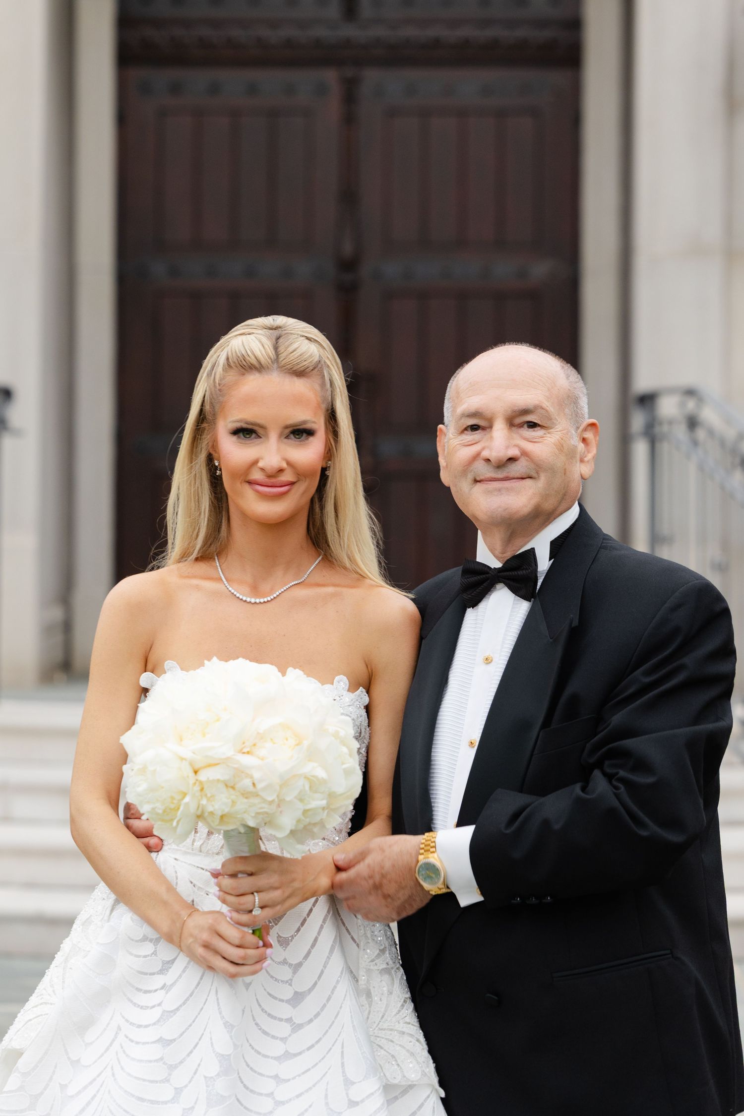 A wedding couple in formal attire poses for a sequence of photos showing different expressions and poses.