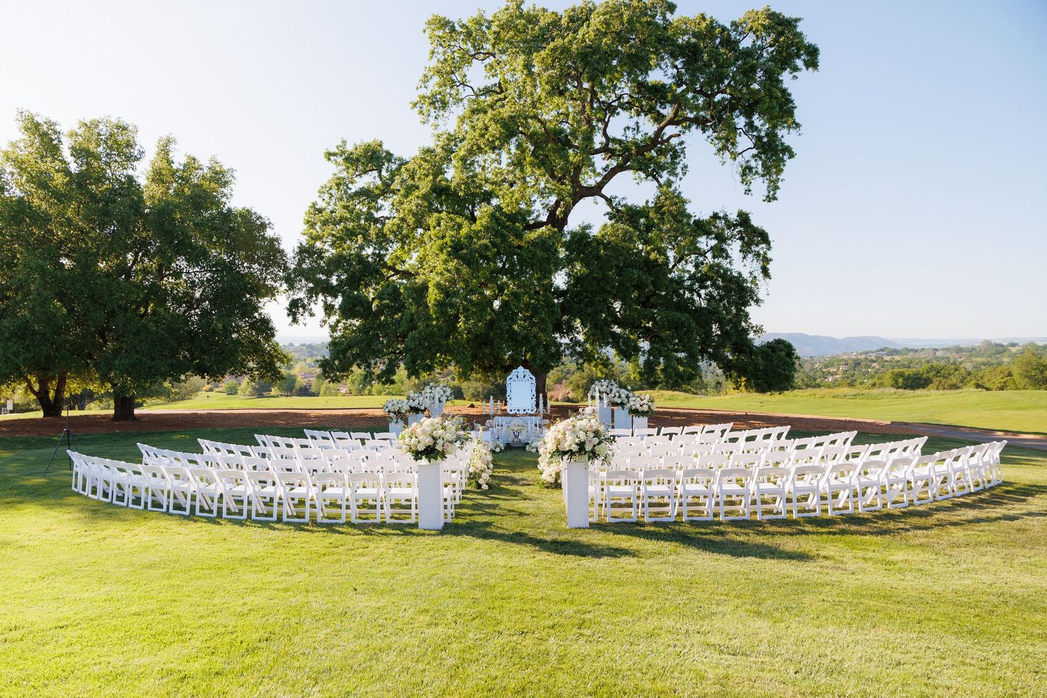 White wedding chairs arranged in curved rows on a lush green hillside under towering oak trees for an outdoor ceremony.