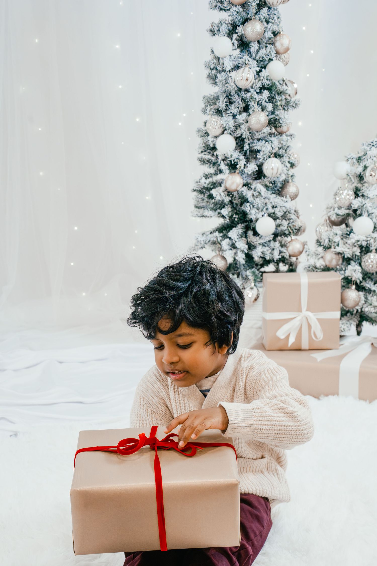 Young child holding a wrapped Christmas present during a festive holiday mini photoshoot with snowy Christmas trees in Kingston, Ontario.