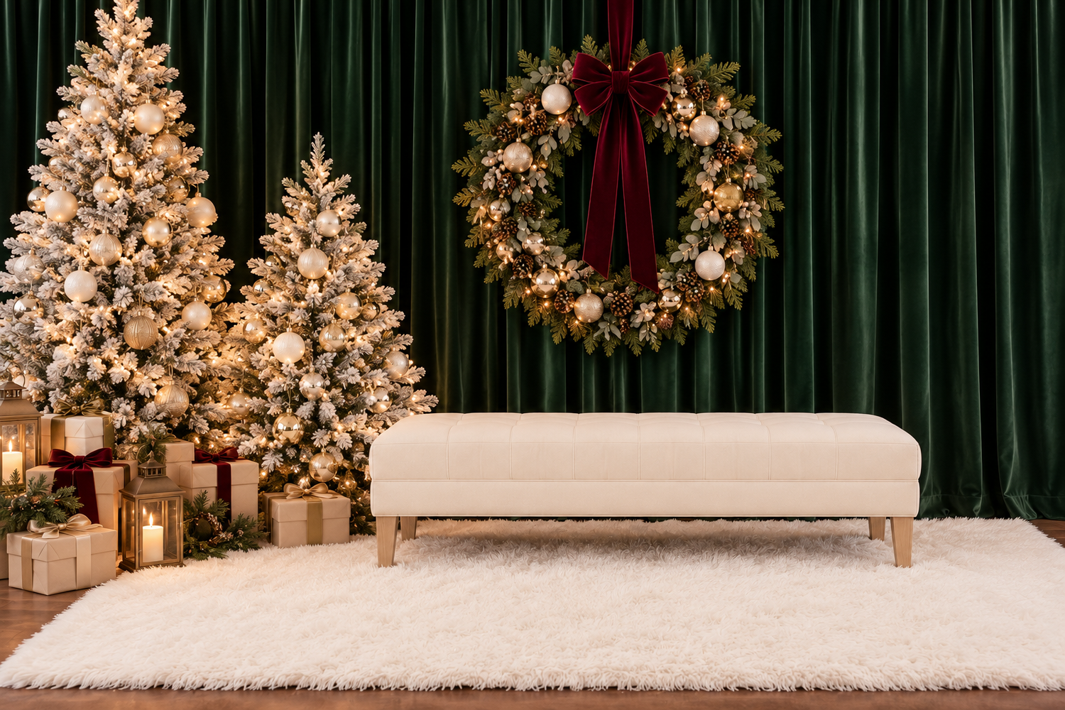 Christmas mini photography studio setup in Kingston, Ontario, featuring dark green velvet curtains, festive wreath, white bench and lit tree