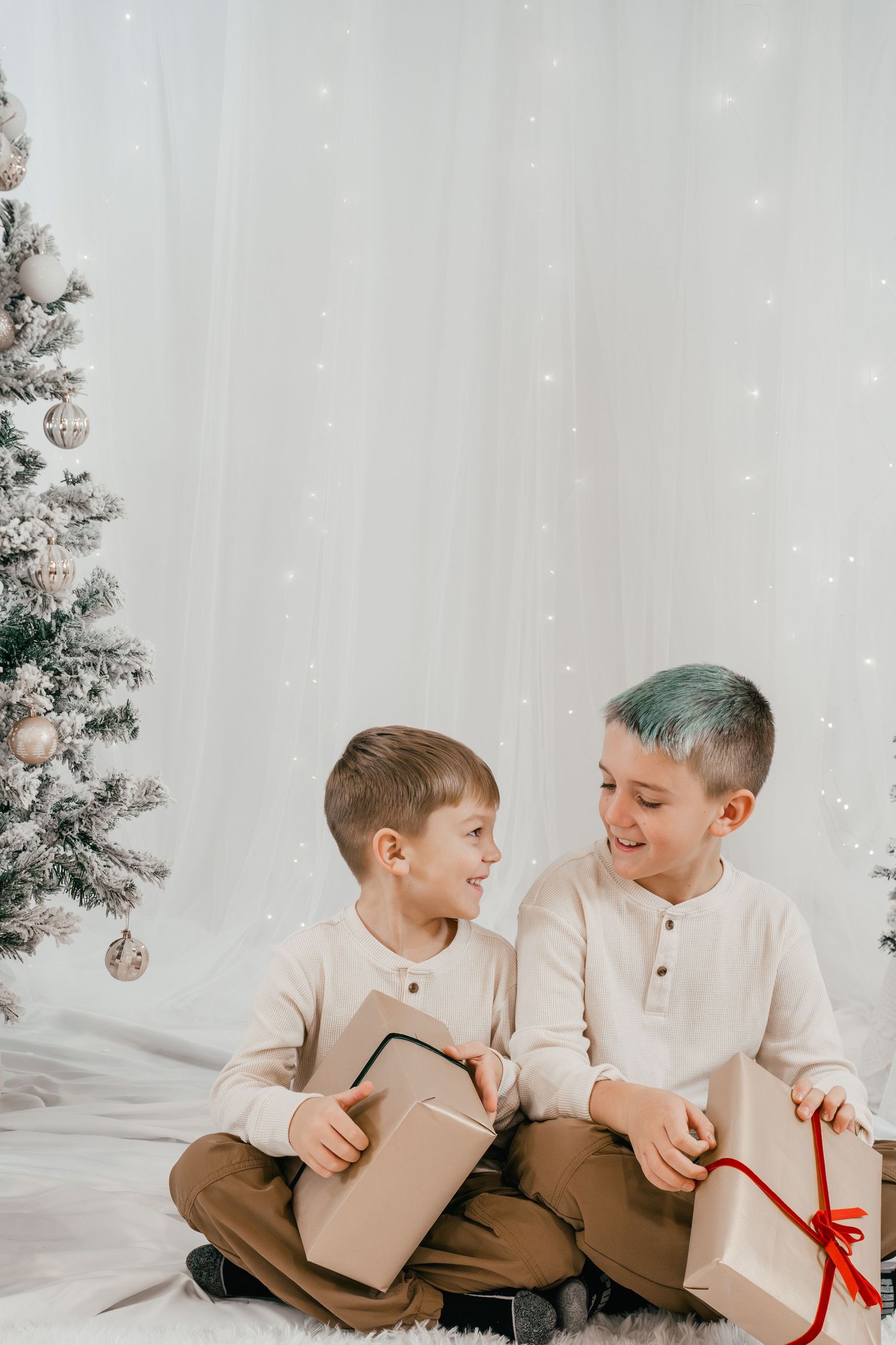Two young boys sitting together beside a snowy Christmas tree during an indoor Christmas mini photography session in Kingston, Ontario.