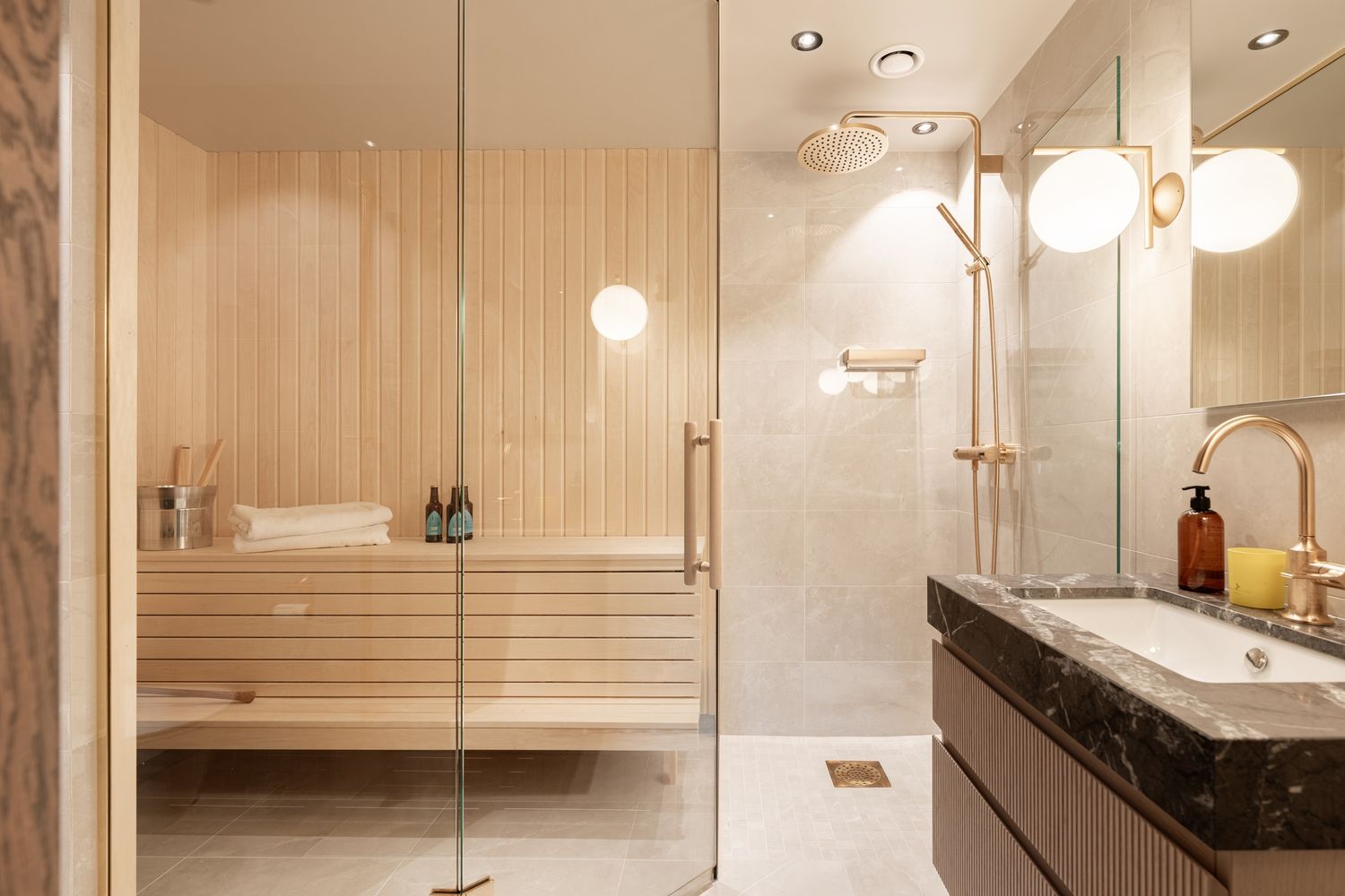 Bathroom with shower and timber panelling