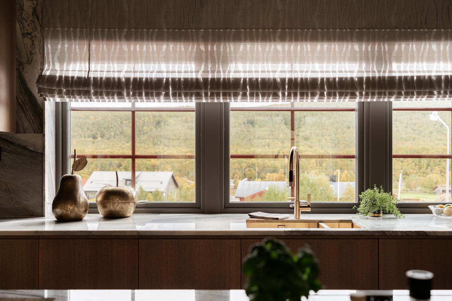 Kitchen windows with pots and a brass-coloured tap