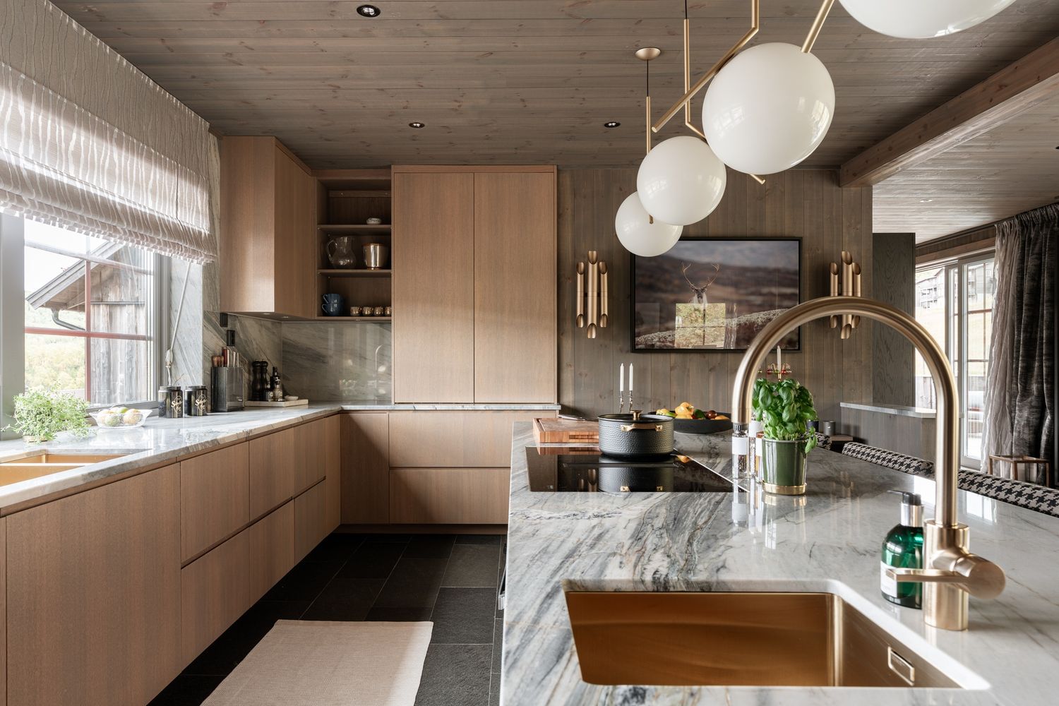 Kitchen island, tap and pendant lights