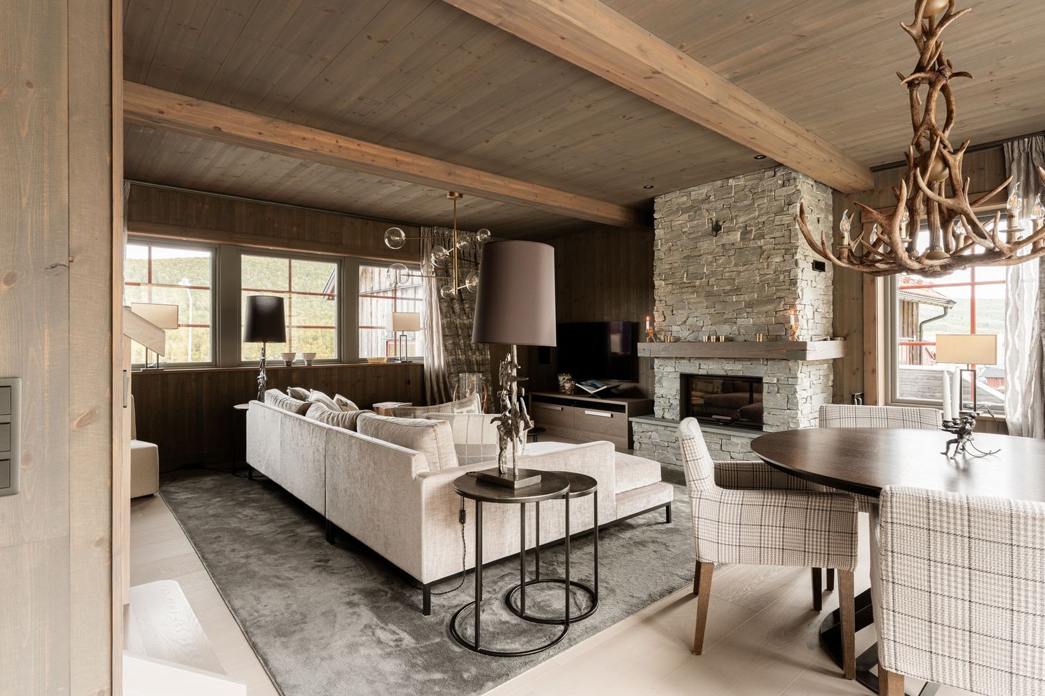 Living space and stone fireplace