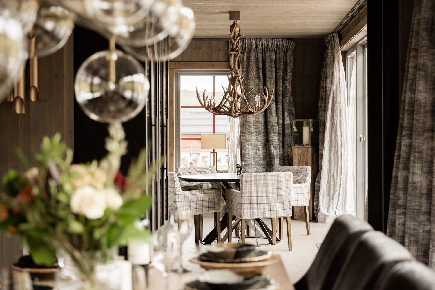 Dining area and glass pendant lights
