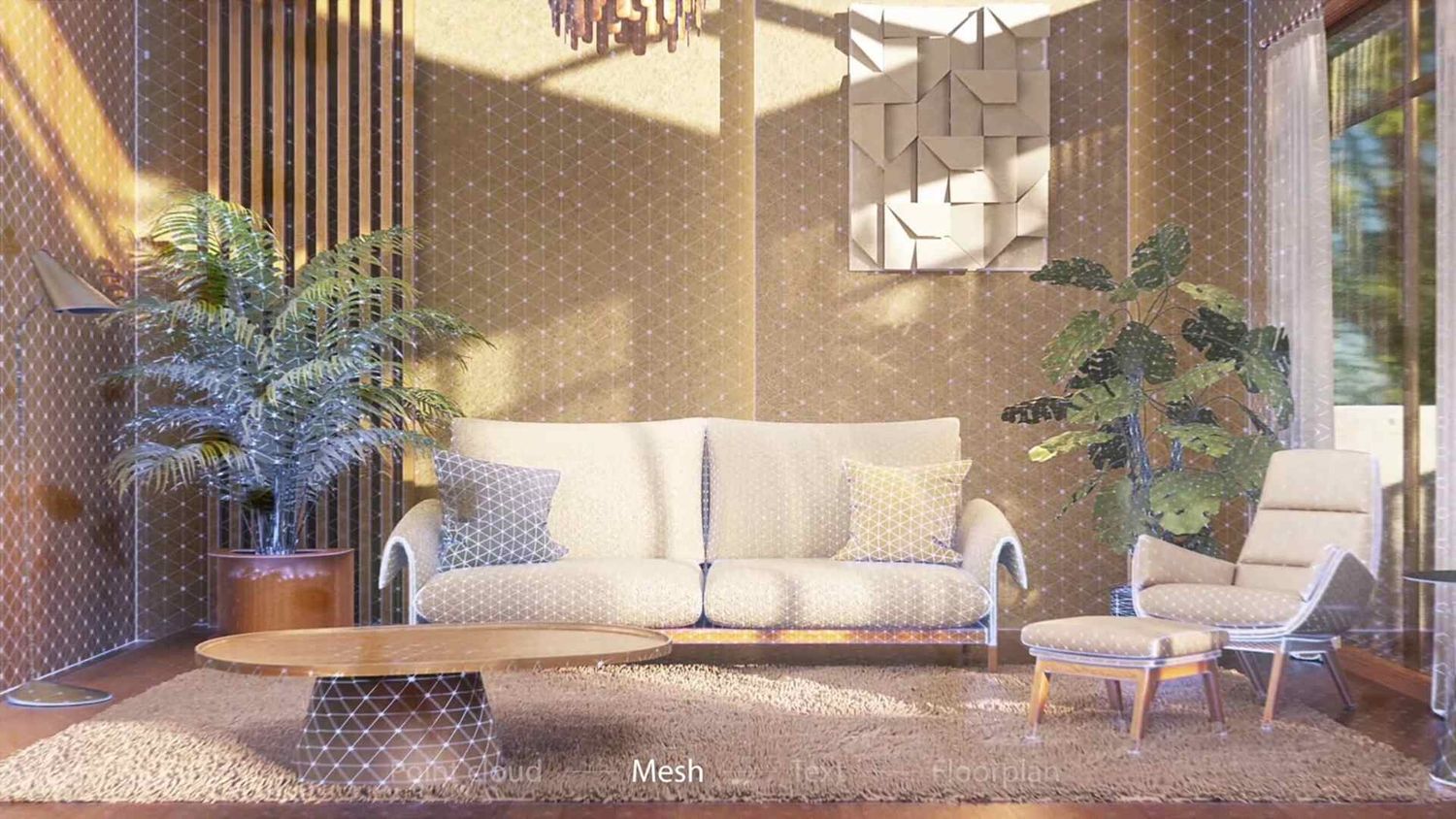 A modern living room with warm lighting features vertical wood slat walls, plush seating, and potted plants.