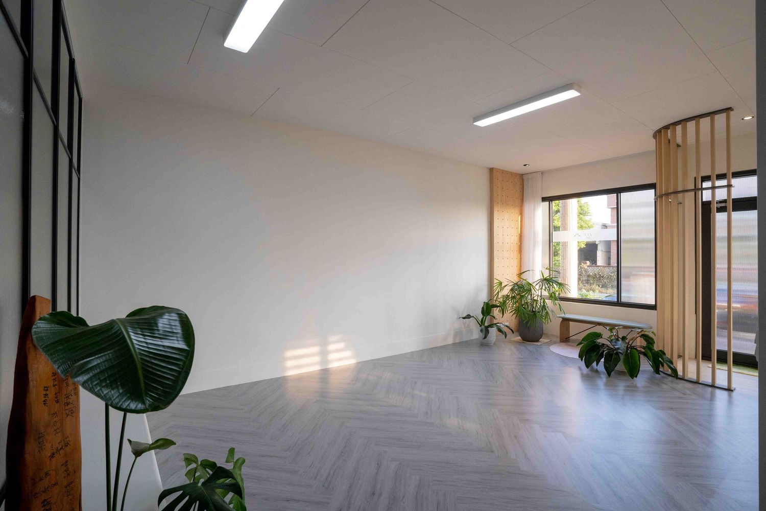Modern office hallway with fluorescent lighting, white walls, and scattered indoor plants creating a bright workspace atmosphere.
