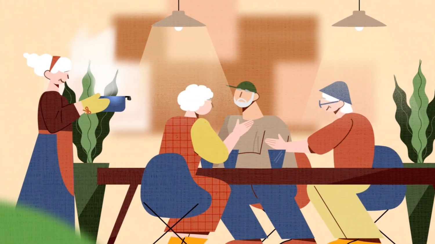 Colorful illustration of people working at shared tables in a modern coworking space with plants and pendant lights.