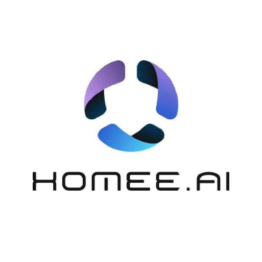 Modern blue and white tech company logo design with stylized text reading 'HOMEE.AI' on white background.