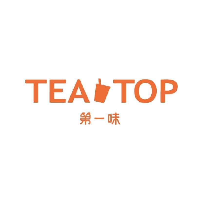 Orange text logo for Tea Top brand with Chinese characters showing first flavor or taste.