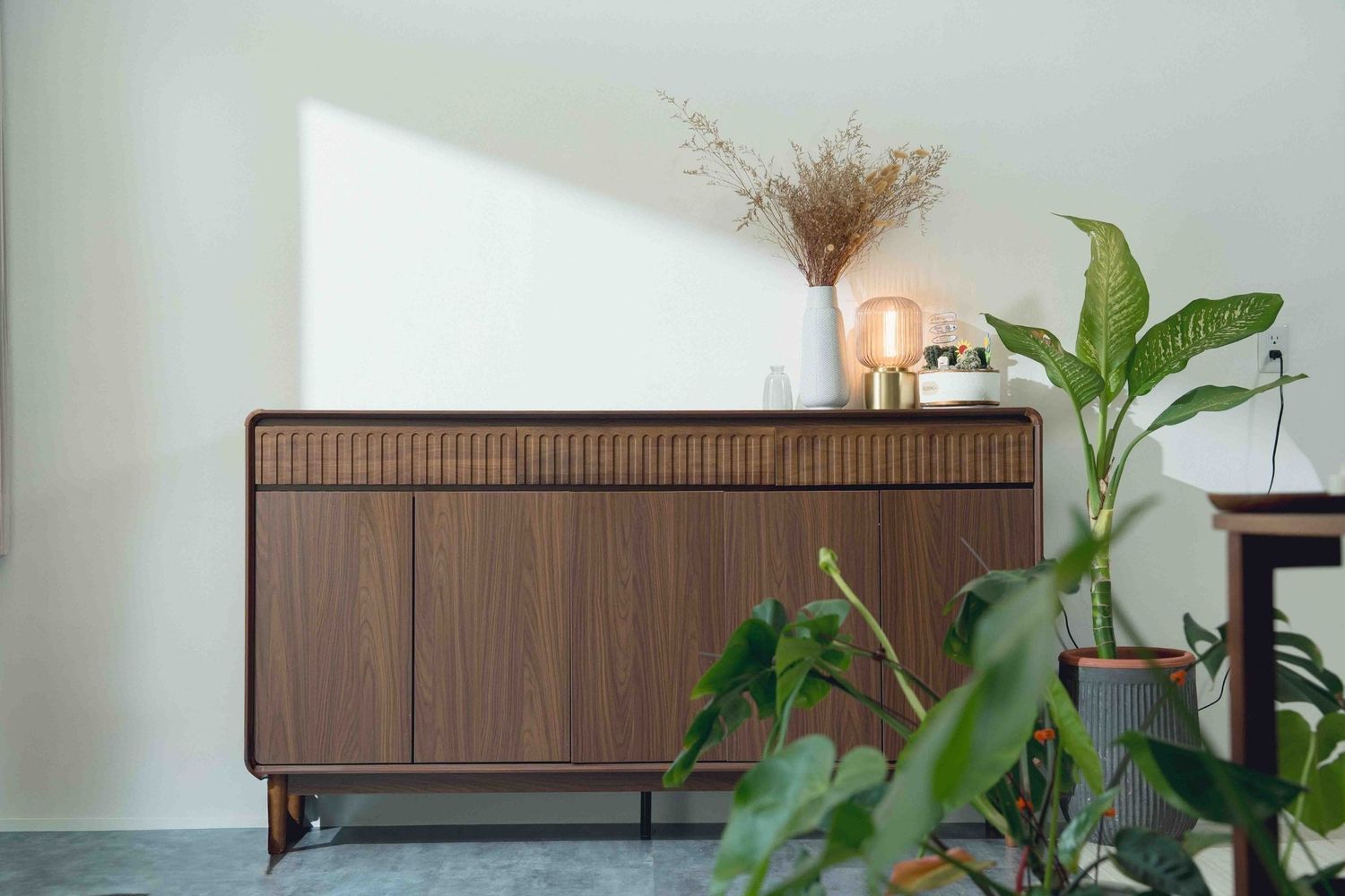 Mid-century modern sideboard with plants displayed on top in a minimalist living room interior.