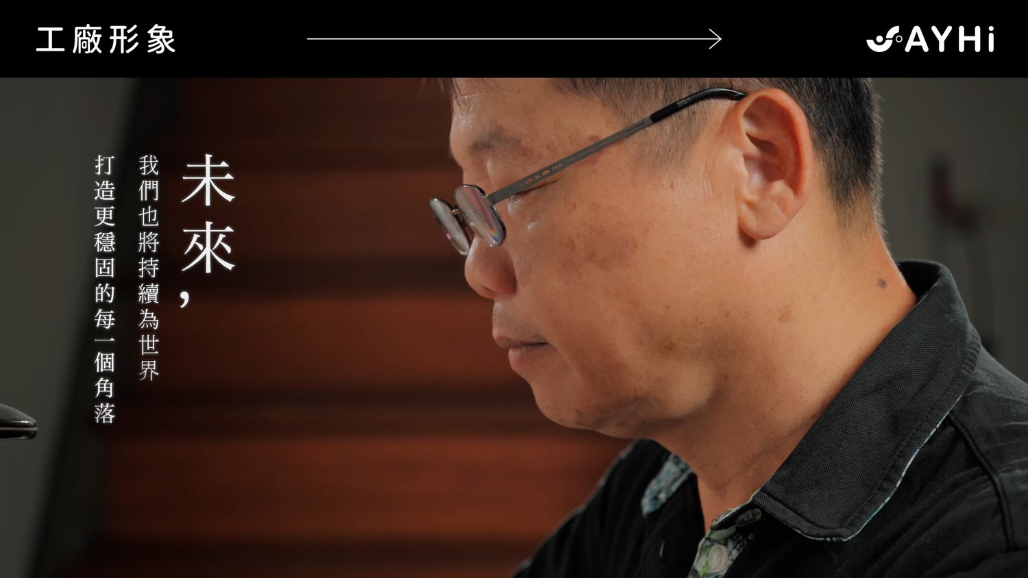 A middle-aged man in a factory setting with Chinese text overlay reading future themes for a SAYHi brand video.