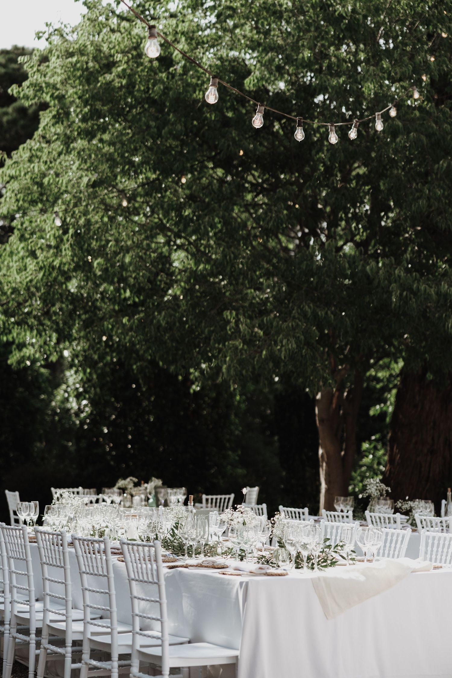 Elegant outdoor wedding reception table with white chairs and string lights beneath a large green tree.