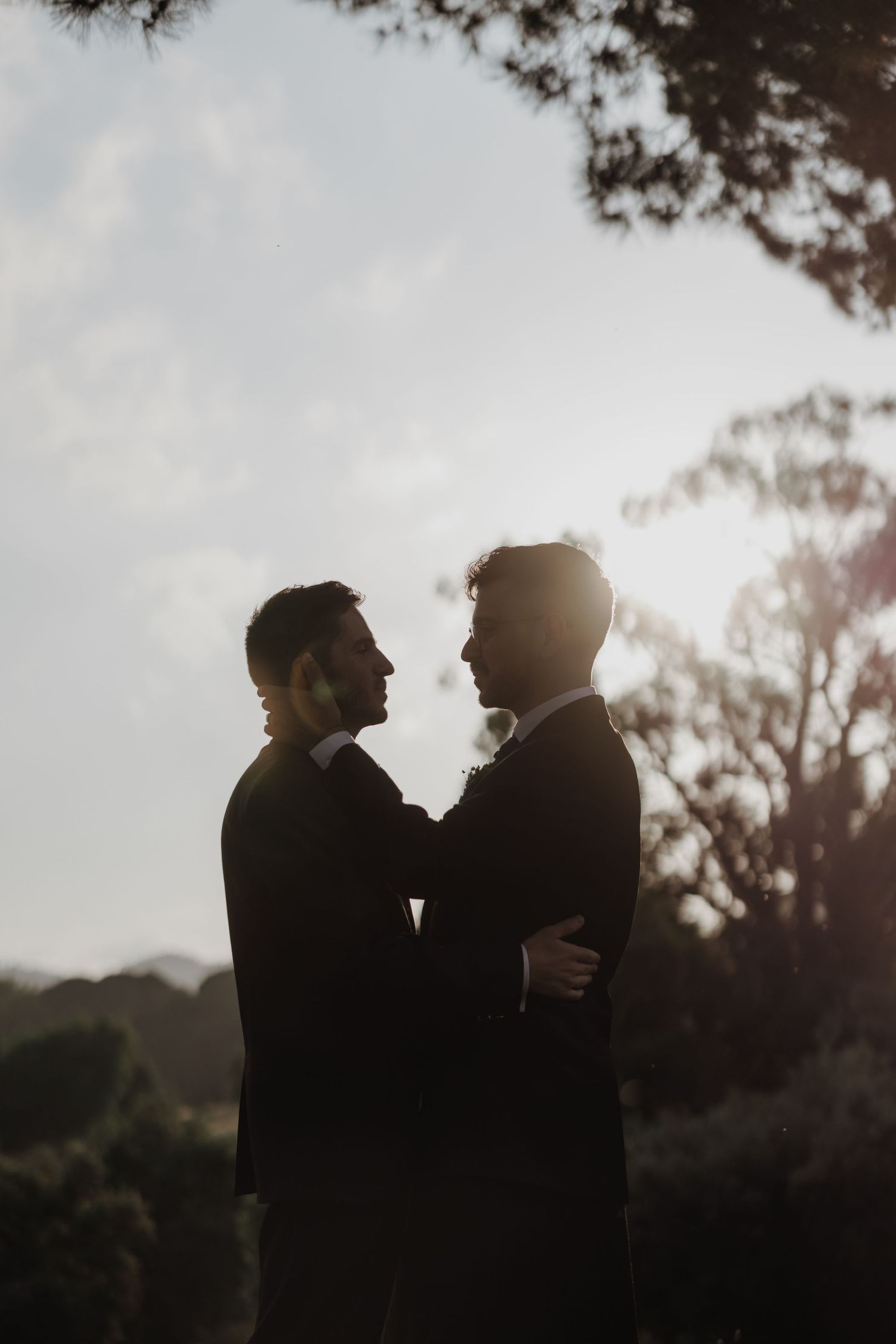Silhouette of two grooms in dark suits embracing tenderly at sunset with trees in background.