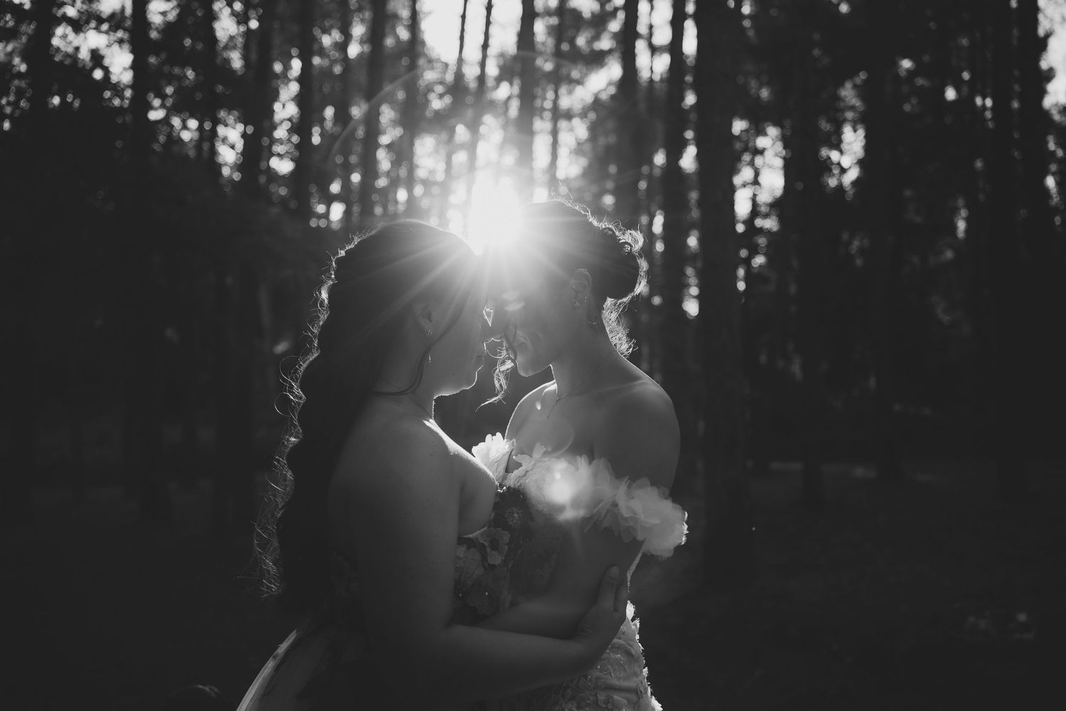 Black and white intimate portrait of two brides embracing with sun rays glowing through forest trees.