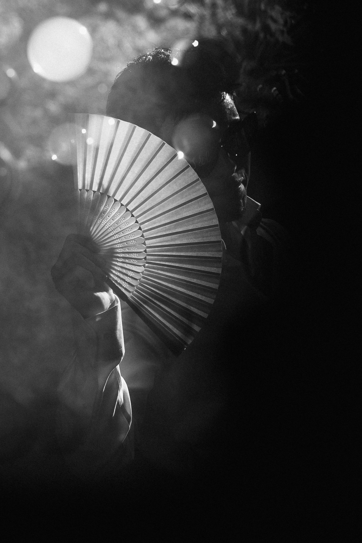 Dramatic black and white silhouette of flamenco dancer holding traditional fan in smoky spotlight.