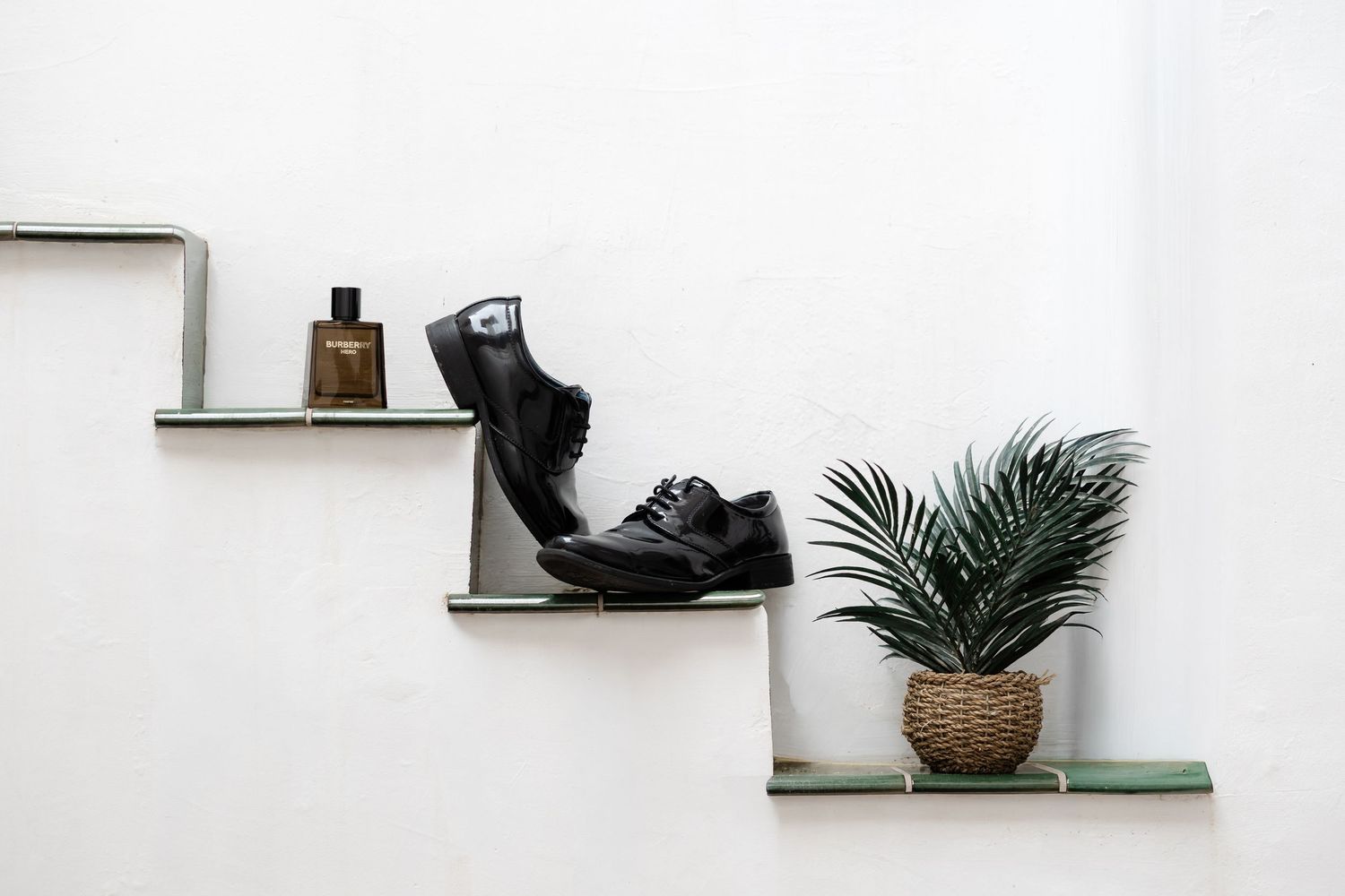 Black leather dress shoes and cologne bottle displayed on minimalist wall shelves with a palm plant.