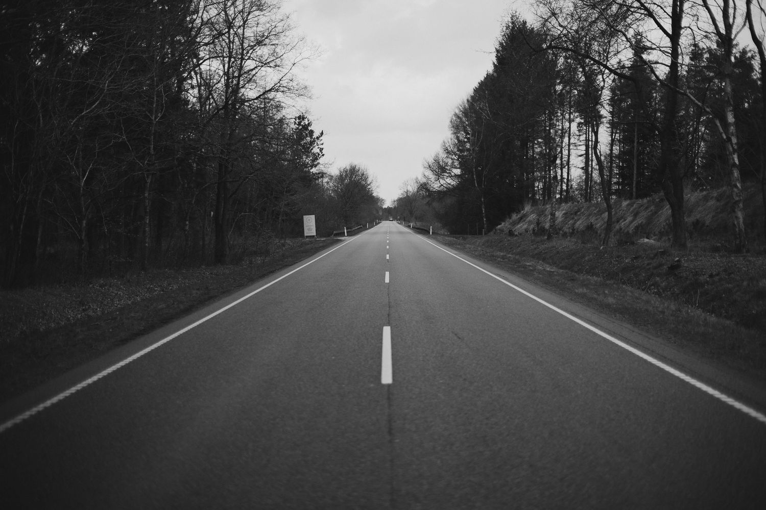 Black and white photo of an empty two-lane road stretching into the distance, flanked by bare trees on a cloudy day.