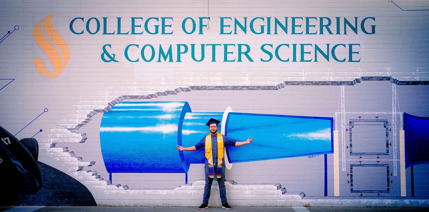 College of Engineering & Computer Science building entrance with blue and white signage.