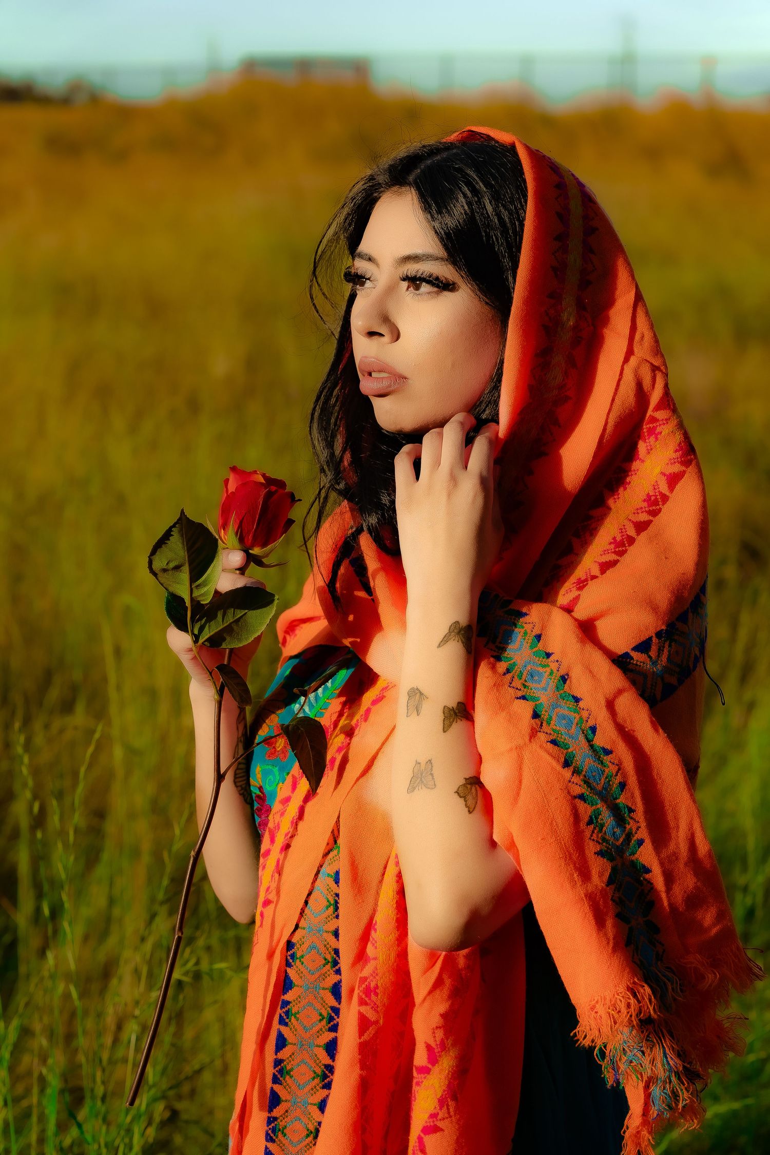 Dramatic portrait in orange scarf and embellished dress amid tall grass at golden hour.