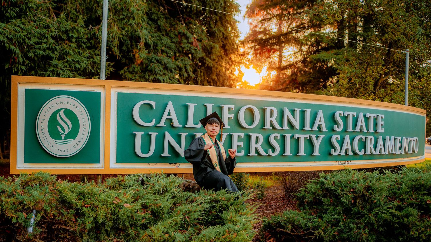California State University Sacramento campus sign photographed during sunset.