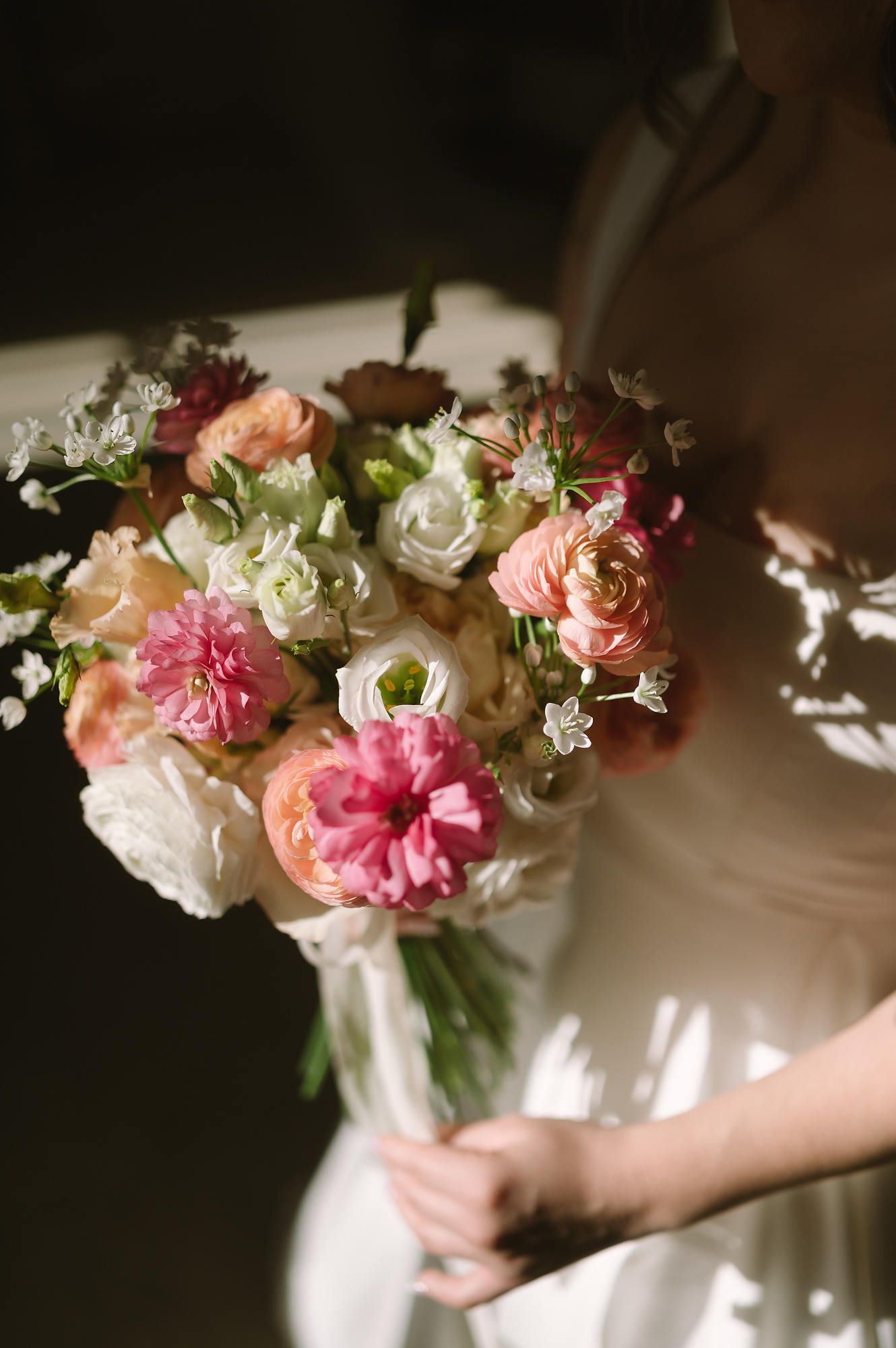 Close-up of a luxury bridal bouquet with peony roses for a Mediterranean wedding